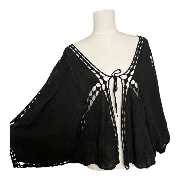 Womens Black Boho Cutout Top Floral Batwing Laser cut OS Tie Front Witchy - Picture 4 of 11